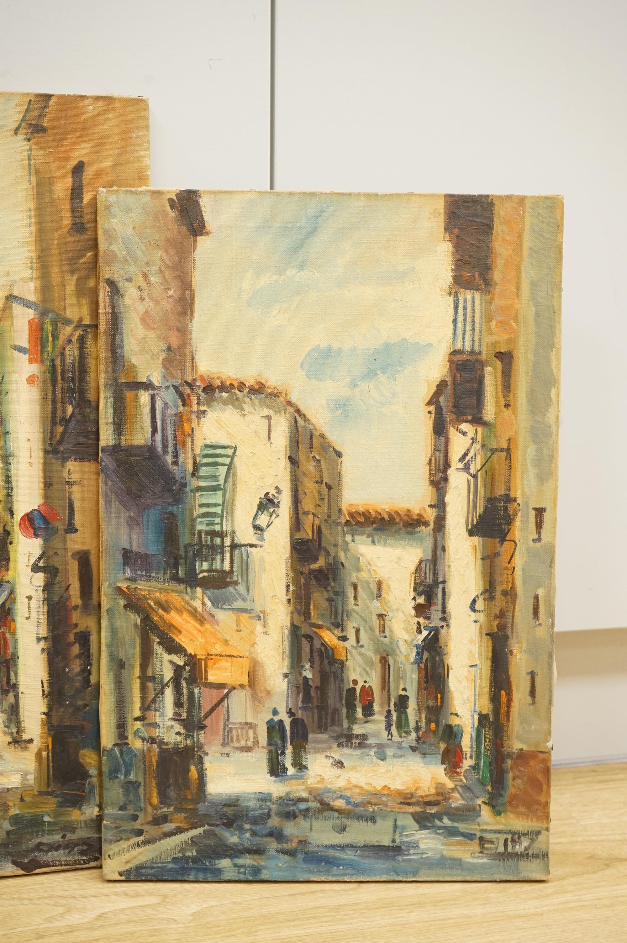 Diaz, Street scenes, each signed, three oils on canvas, unframed, largest 55 x 38cm